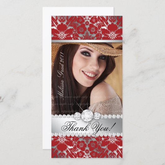フローラ卒業写真カードシルバーレッドダマスク サンキューカード (正面/裏面)