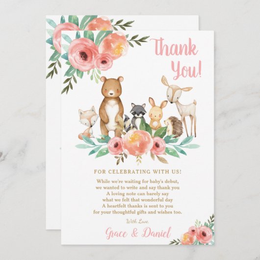 フローラ可愛い森（き）の動物たち赤ちゃんシャワーガール サンキューカード (正面/裏面)