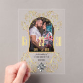 フローラ名門私立校風の金ゴールドQRコード結婚式日付の保存 アクリル招待状 (インサイチュ (ポータブル))