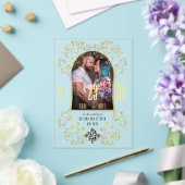 フローラ名門私立校風の金ゴールドQRコード結婚式日付の保存 アクリル招待状 (インサイチュ (ウェディング))