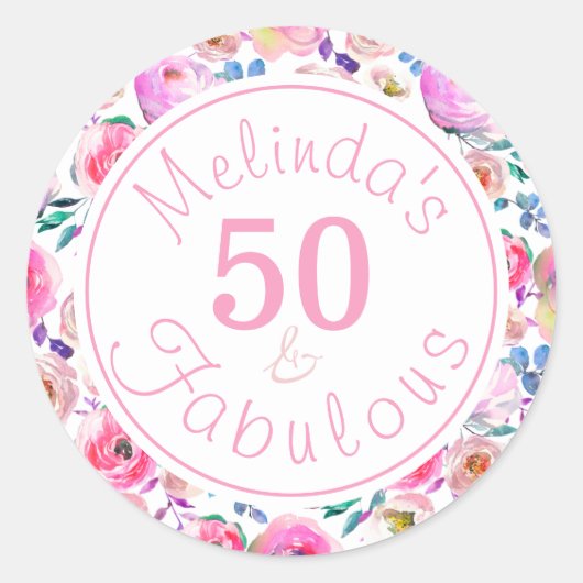 フローラ名50と素晴らしいピンクパープルバラ ラウンドシール (正面)