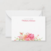 フローラ名&ピンク水彩花と緑 ノートカード (正面)