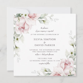 フローラ四角 |水彩ピンクのバラ  招待状