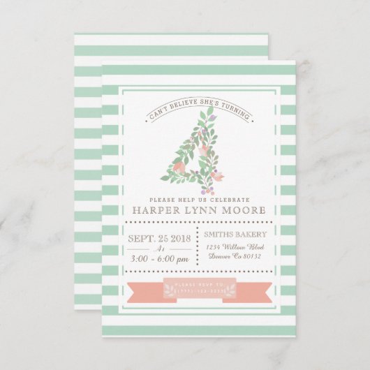 フローラ園 |最初の誕生日パーティーの招待 招待状 (正面/裏面)