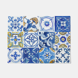 フローラ地中海のブルー、ホワイト、イエローパターン ドアマット