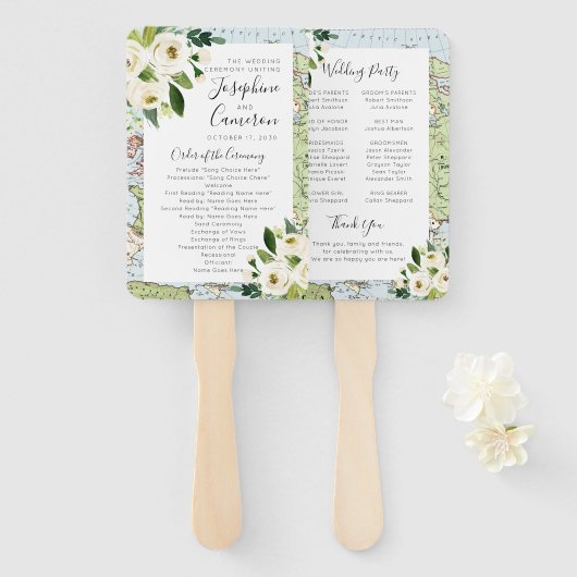 フローラ地図旅行テーマ結婚式プログラム ハンドファン (正面&裏面)