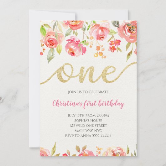 フローラ坊方書道ベビーガールファースト誕生日 招待状 (正面)