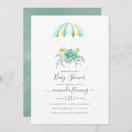 フローラ多肉花束パラシュートベビーシャワー 招待状 (正面/裏面)