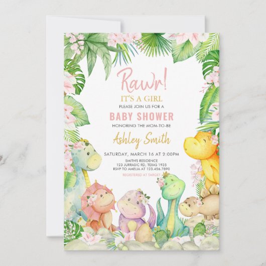 フローラ女子恐竜の赤ちゃんシャワー 招待状 (正面)
