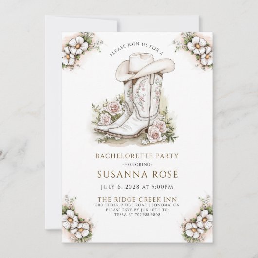 フローラ女性のカーボーイハットブーツバチェロレッテ 招待状 (正面)