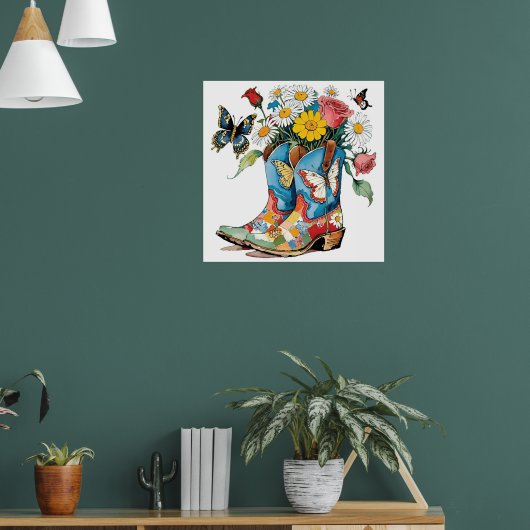 フローラ女性のカーボーイブーツとデイジー&蝶 ポスター (リビング1)
