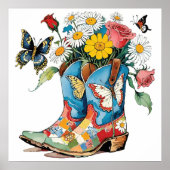 フローラ女性のカーボーイブーツとデイジー&蝶 ポスター (正面)