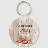 フローラ女性のカーボーイブーツアイボリーフェイクウッドパーソナライズされた キーホルダー (正面)