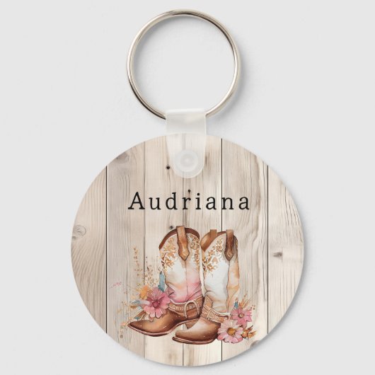 フローラ女性のカーボーイブーツアイボリーフェイクウッドパーソナライズされた キーホルダー (正面)
