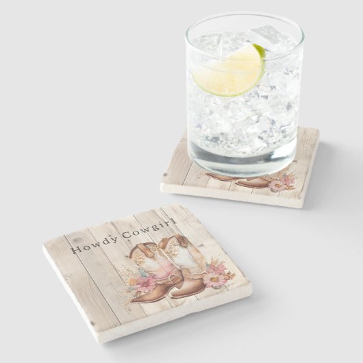 フローラ女性のカーボーイブーツアイボリーフェイクウッドパーソナライズされた ストーンコースター (横)