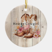 フローラ女性のカーボーイブーツアイボリーフェイクウッドパーソナライズされた セラミックオーナメント (正面)
