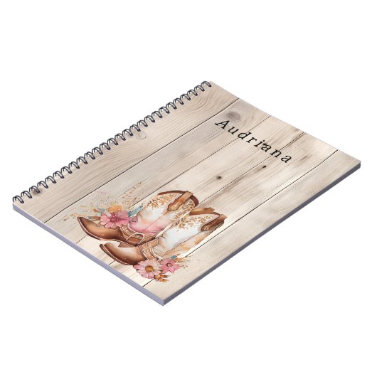 フローラ女性のカーボーイブーツアイボリーフェイクウッドパーソナライズされた ノートブック (左側)