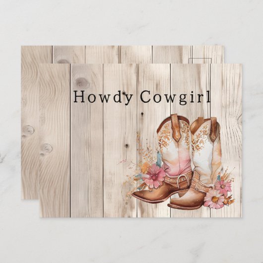 フローラ女性のカーボーイブーツアイボリーフェイクウッドパーソナライズされた ポストカード (正面/裏面)