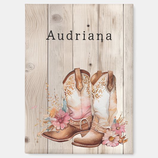 フローラ女性のカーボーイブーツアイボリーフェイクウッドパーソナライズされた マグネット (正面)