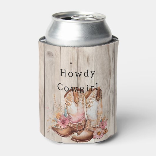 フローラ女性のカーボーイブーツアイボリーフェイクウッドパーソナライズされた 缶クーラー (缶正面)