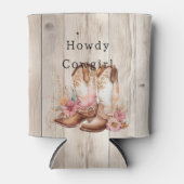 フローラ女性のカーボーイブーツアイボリーフェイクウッドパーソナライズされた 缶クーラー (正面)