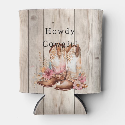フローラ女性のカーボーイブーツアイボリーフェイクウッドパーソナライズされた 缶クーラー (正面)