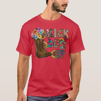 フローラ女性のカーボーイブーツキックダストアップサンフラワーレオパール Tシャツ