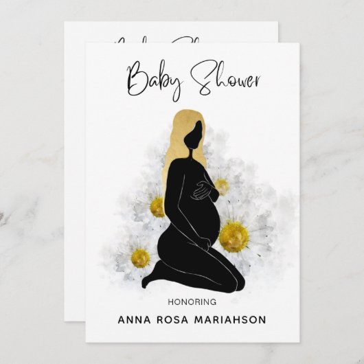*~*フローラ妊婦黒金ゴールド赤ちゃんシャワー 招待状 (正面/裏面)
