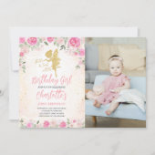 フローラ妖精誕生日金ゴールドグリッター写真 招待状 (正面)