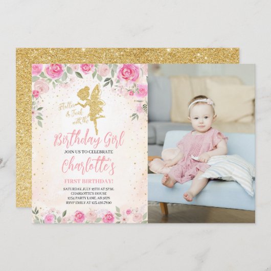 フローラ妖精誕生日金ゴールドグリッター写真 招待状 (正面/裏面)