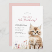 フローラ子猫かわいい猫テーマガールズ誕生日パーティー 招待状 (正面/裏面)