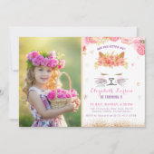 フローラ子猫写真誕生日キッズキュートゴールデンパーティー 招待状 (正面)