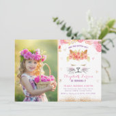 フローラ子猫写真誕生日キッズキュートゴールデンパーティー 招待状 (スタンド正面)