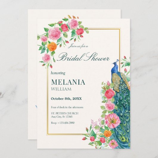 フローラ孔雀ブライダルシャワー招待 招待状 (正面/裏面)