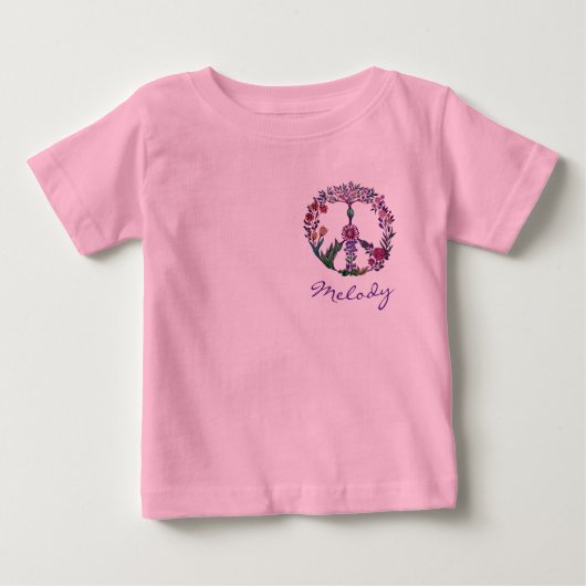 フローラ平和シンプル印モダンピンクのフラワーパワー ベビーTシャツ (正面)