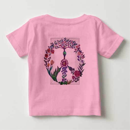 フローラ平和シンプル印モダンピンクのフラワーパワー ベビーTシャツ (裏面)