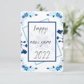 フローラ年賀状、青い新年2022カード サンキューカード (スタンド正面)