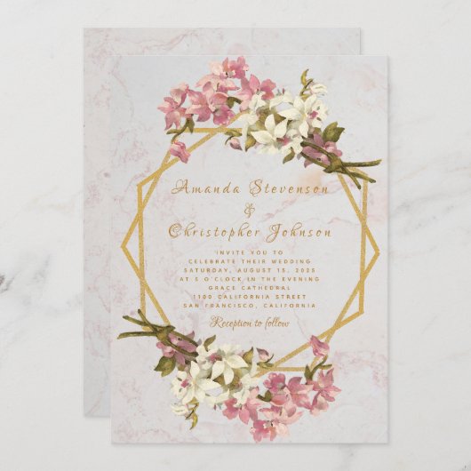 フローラ幾何大理石金ゴールドとラン結婚ス 招待状 (正面/裏面)