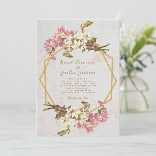 フローラ幾何大理石金ゴールドと花結婚の数 招待状 (スタンド正面)