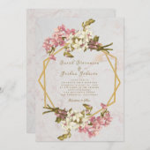 フローラ幾何大理石金ゴールドと花結婚の数 招待状 (正面/裏面)