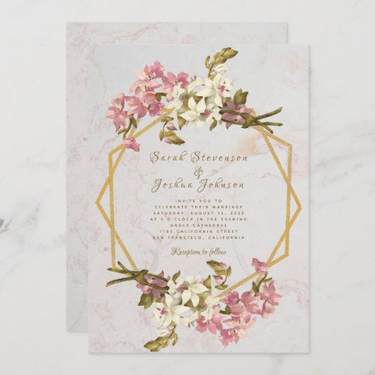 フローラ幾何大理石金ゴールドと花結婚の数 招待状 (正面/裏面)