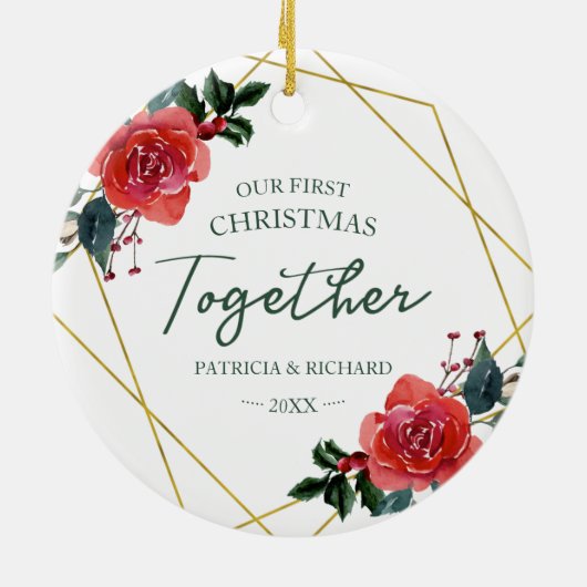 フローラ幾何学的な私たちの初めてのクリスマス セラミックオーナメント (裏面)