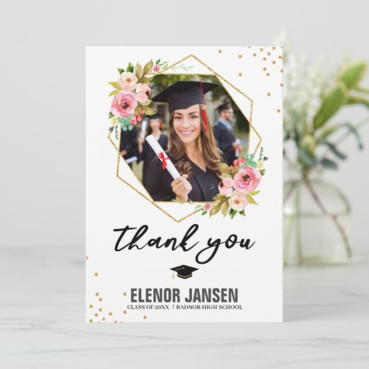 フローラ幾何学的卒業手形レタリング写真 サンキューカード (スタンド正面)
