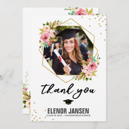 フローラ幾何学的卒業手形レタリング写真 サンキューカード (正面/裏面)