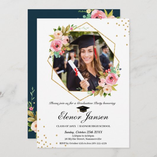 フローラ幾何学的金ゴールドグリッター卒業写真 招待状 (正面/裏面)
