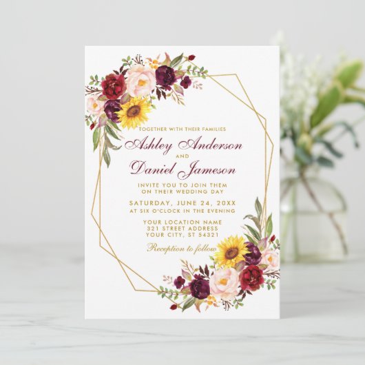 フローラ幾何学的金ゴールドフレ結婚ームのブルゴーニュ 招待状 (スタンド正面)