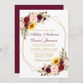 フローラ幾何学的金ゴールドフレ結婚ームのブルゴーニュ 招待状 (正面/裏面)