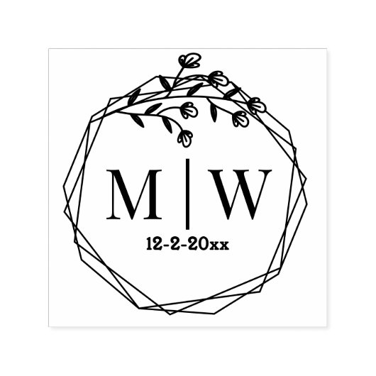 フローラ幾何形状フォーム結婚カップルの2イニシャル日 セルフインキングスタンプ (デザイン)