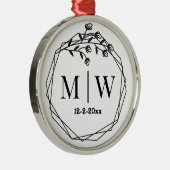 フローラ幾何形状フォーム結婚カップルの2イニシャル日 メタルオーナメント (右)