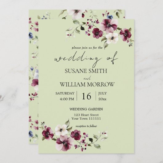フローラ庭園の結婚式エレガントグリーン招待状 招待状 (正面/裏面)